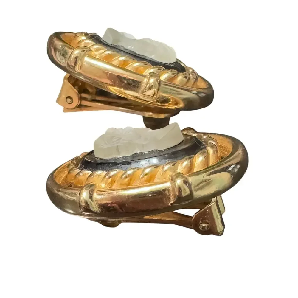 Auth. Vintage Burberry Gold Tone Chunky Cameo Earrings EUC